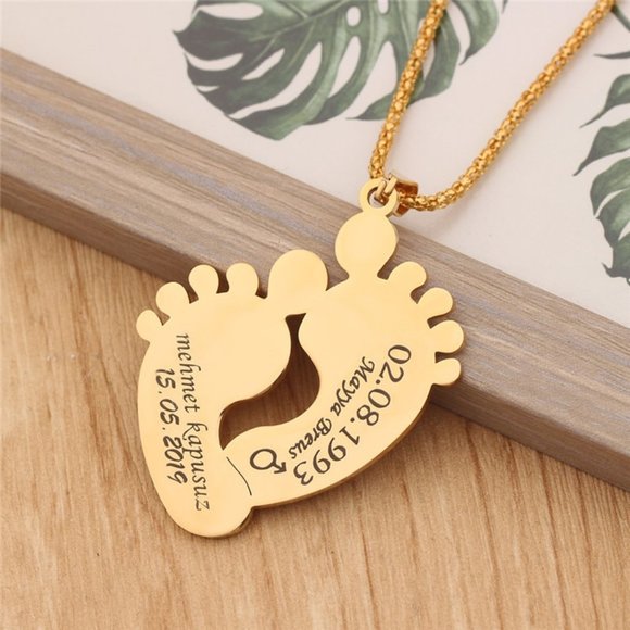 Custom Engraved Stainless Steel Baby Feet Name & Birthday Pendant Necklace - Picture 6 of 10